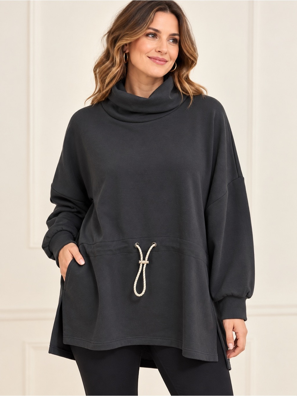 Varley Black Cowl Neck Sweatshirt with Front Drawcord Accent, size XL